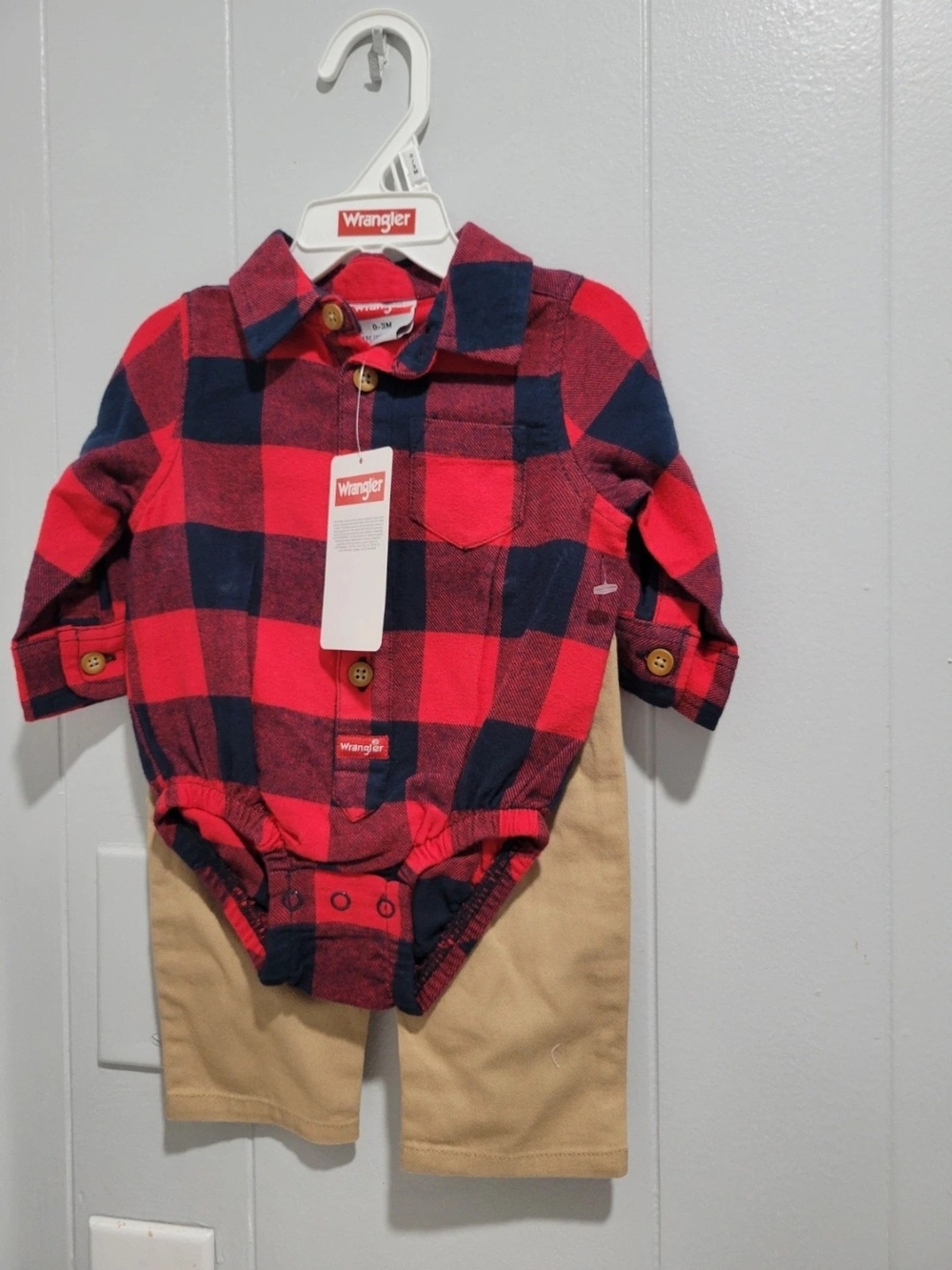 Wrangler Red & Navy Buffalo Plaid Baby Outfit with Khaki Pants